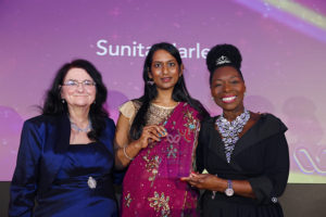 Sunita pictured with Baroness Floella Benjamin (right) and Dr Sara Chandler (left) as Sunita collected her award for being Diversity, Equity and Inclusion Champion of the Year in March 2023