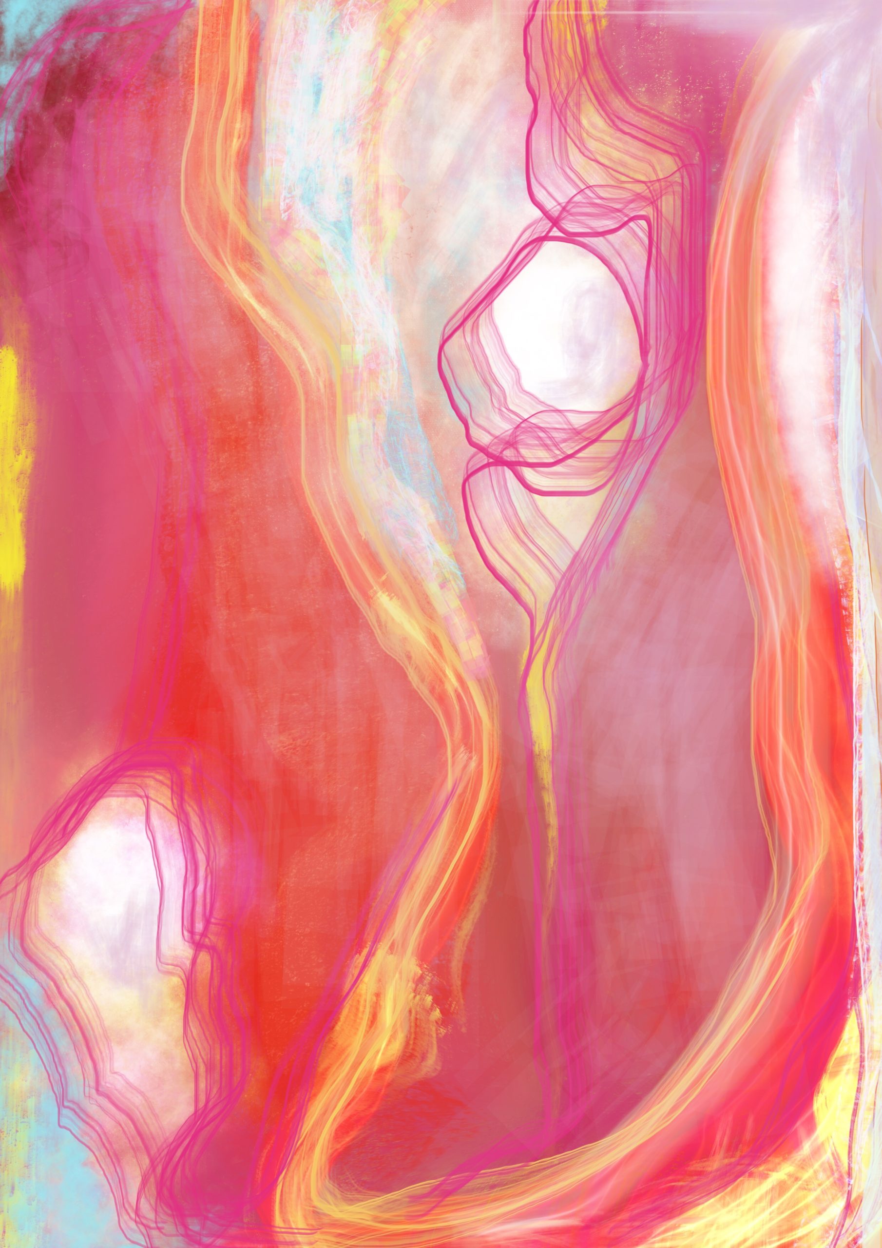 A digital painting. Mostly red and orange colours. Swirling images.