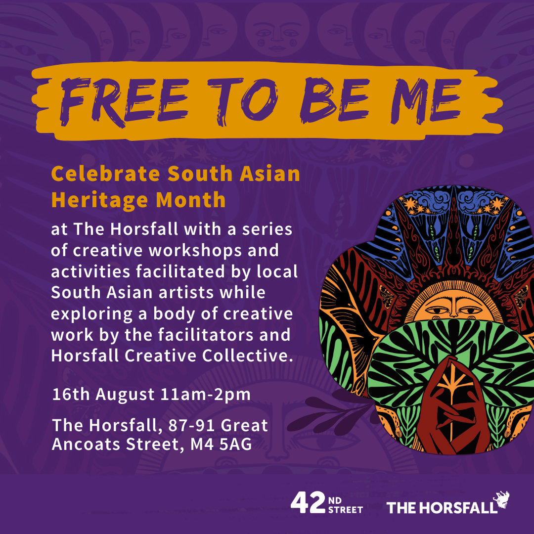 Free To Be Me Event purple graphic featuring artwork by a young artist which is a tapestry of a golden yellow sun with a face surrounded by green leaves, silhouettes of people in burgandy