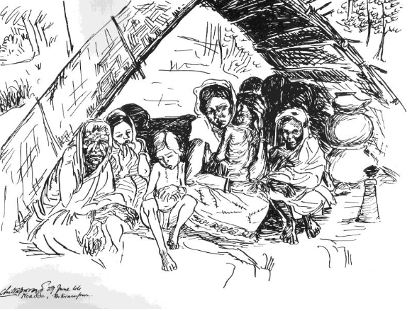 Black and white illustration of starving people in a Bengal village. they are sitting under a bamboo canopy