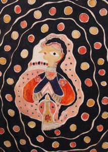Painted image of a woman with hands in prayer surrounded by a black spiral background. The background is decorated with red and yellow dots.