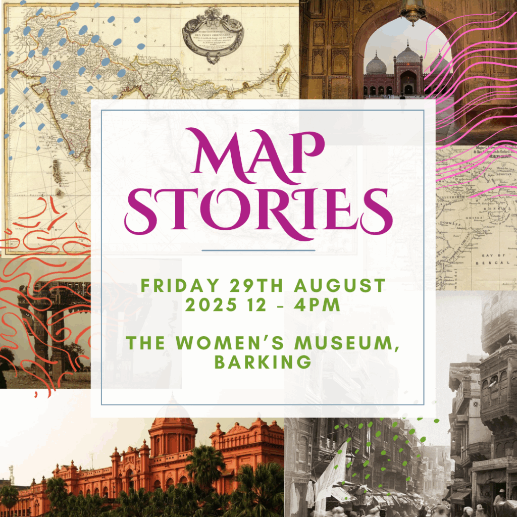 Poster describing the activities of the 'Map Stories' event on a background of historic indian maps and archaeological sites.