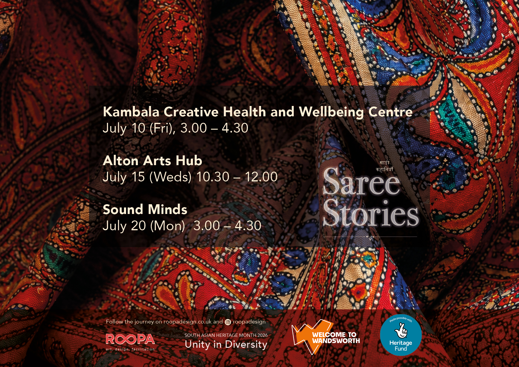 Poster for Saree Stories showing workshop dates at Kambala Creative Health and Wellbeing Centre, Alton Arts Hub and Sound Minds, over a close-up red patterned saree background.