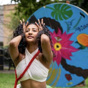 In a natural setting, a South Asian woman in white blouse with a plaited red sash across her body, has her hands and fingers moving upwards through her open curly black hair. Her eyes are knowing and hopeful. Behind her is a brightly painted coloured wheel including a plait of hair, a pink lotus flower, a mango, a green leaf, a butterfly, an indigo plant, wheat sheaths and a bee.