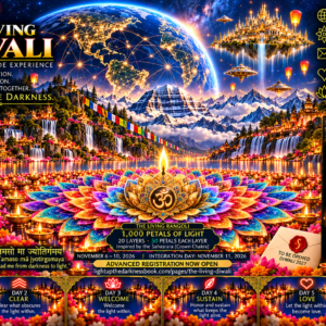 The Living Diwali 2026 free worldwide six-day experience featuring the Map of Lights, Living Rangoli, Mount Kailash, Diwali diyas, and November 6–11 dates.